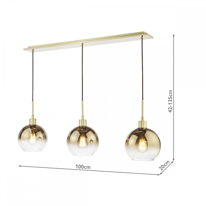 Dar LYC0335 Lycia 3 Light Bar Pendant Satin Gold and Gold Ombre Glass