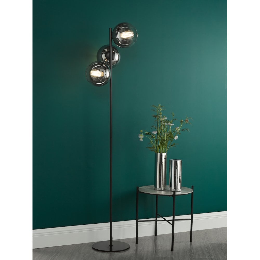 Dar LYC4922 Lycia 3 Light Floor Lamp Matt Black and Smoked Ombre Glass