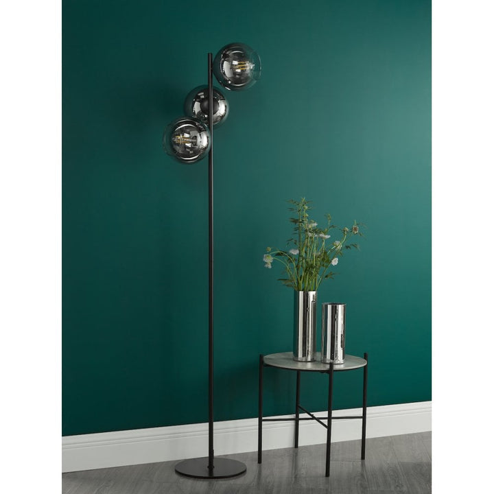 Dar LYC4922 Lycia 3 Light Floor Lamp Matt Black and Smoked Ombre Glass