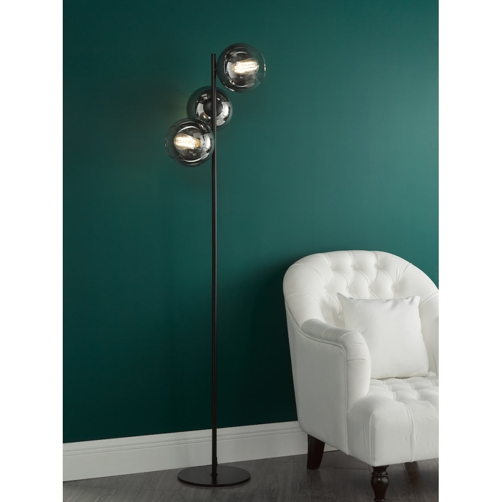 Dar LYC4922 Lycia 3 Light Floor Lamp Matt Black and Smoked Ombre Glass