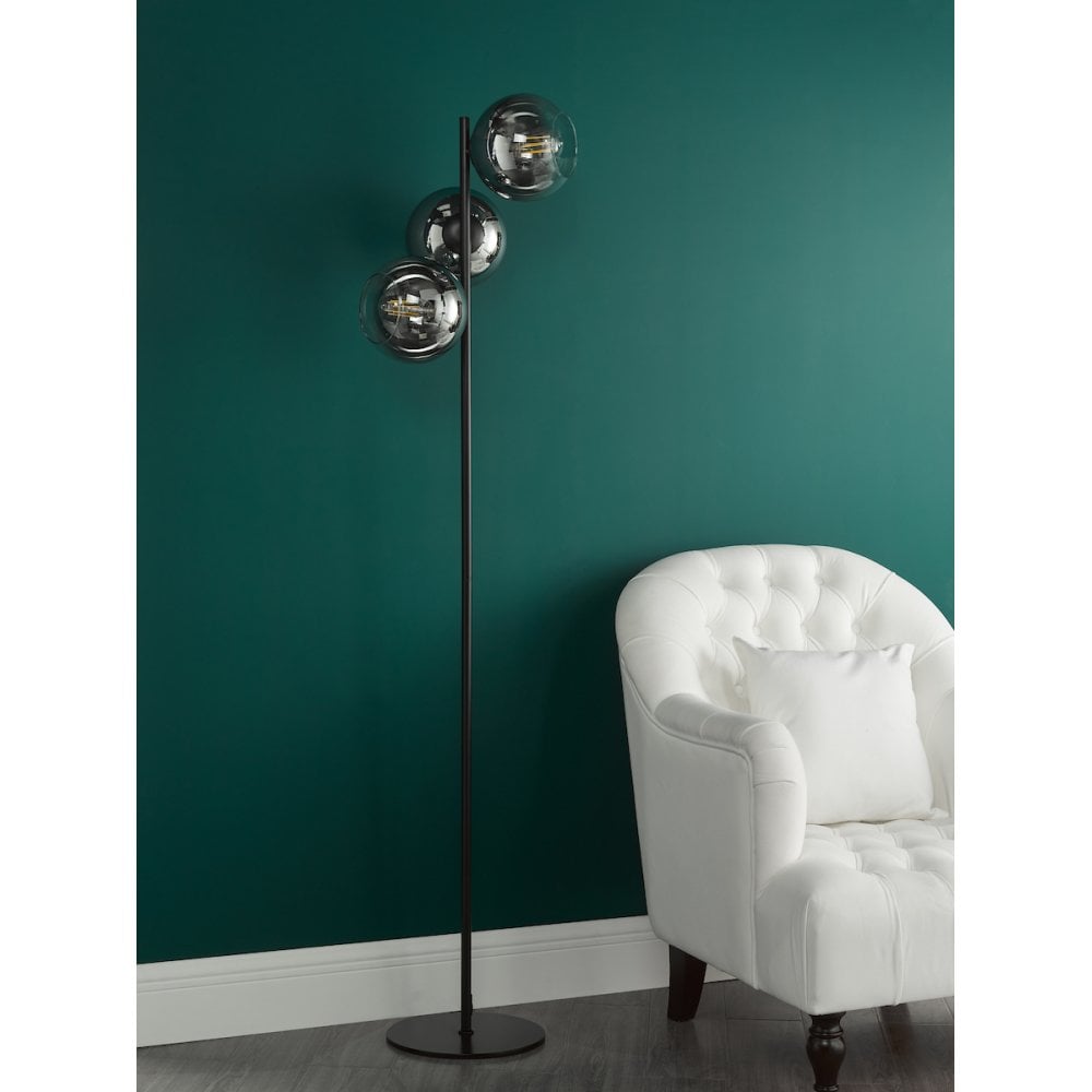 Dar LYC4922 Lycia 3 Light Floor Lamp Matt Black and Smoked Ombre Glass