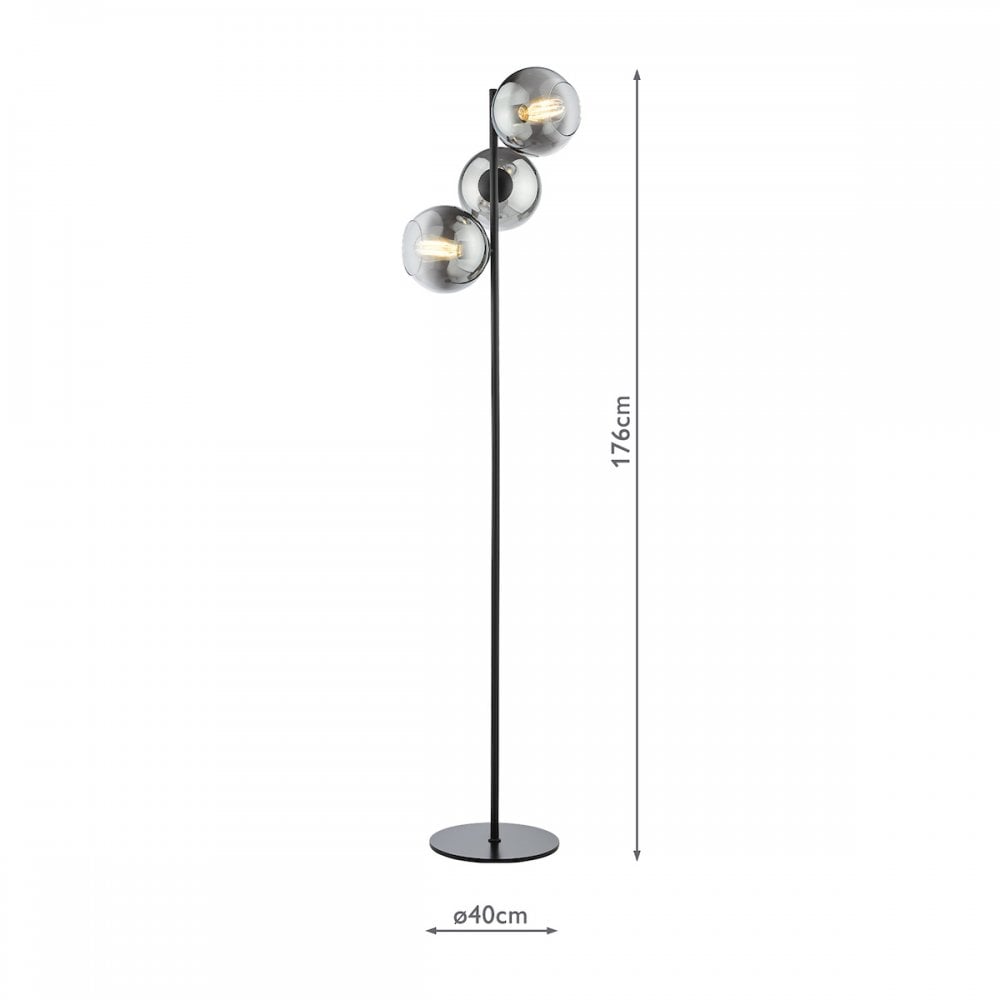 Dar LYC4922 Lycia 3 Light Floor Lamp Matt Black and Smoked Ombre Glass