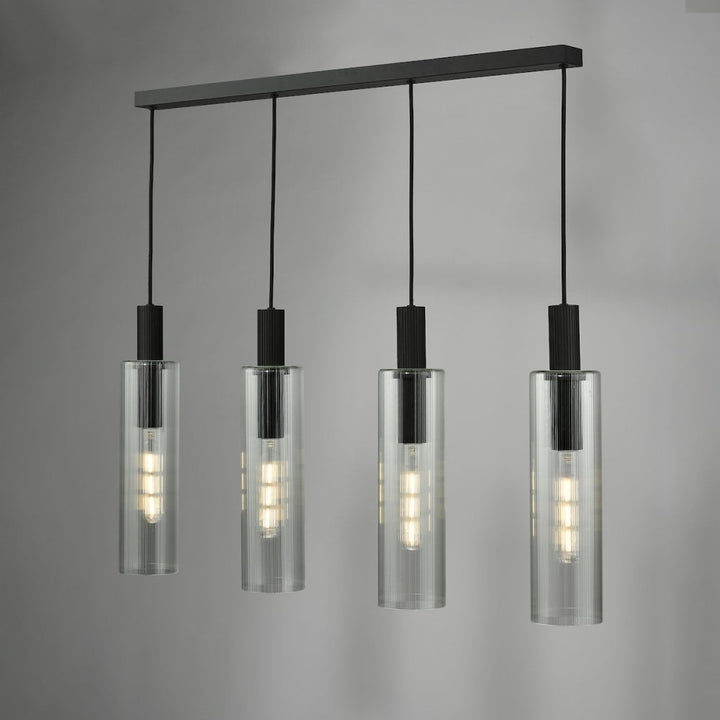 Dar RUB0422 Ruben 4 Light Bar Pendant Satin Black and Ribbed Glass