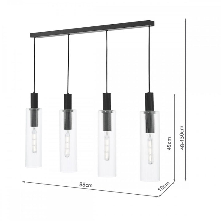 Dar RUB0422 Ruben 4 Light Bar Pendant Satin Black and Ribbed Glass