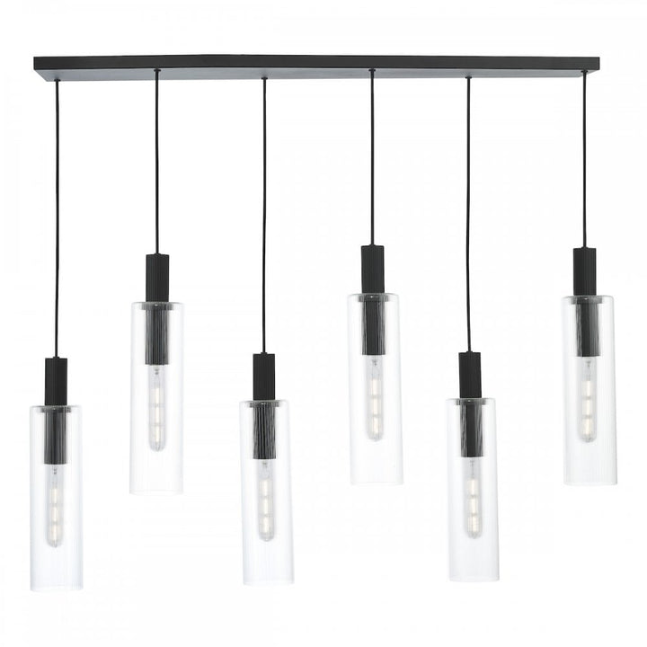 Dar RUB0622 Ruben 6 Light Bar Pendant Satin Black and Ribbed Glass