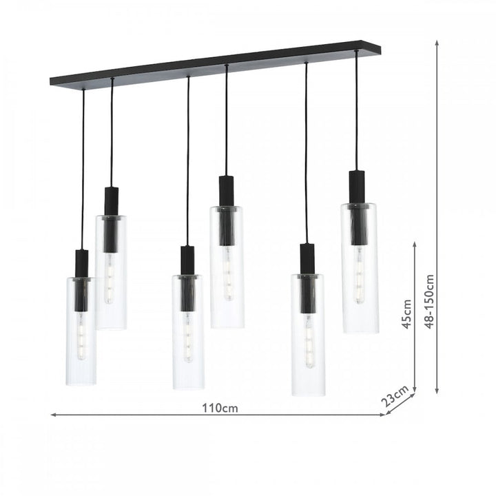 Dar RUB0622 Ruben 6 Light Bar Pendant Satin Black and Ribbed Glass