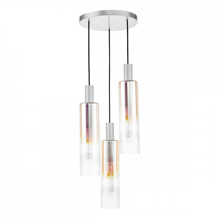 Dar RUB8832 Ruben 3 Light Cluster Pendant Satin Silver and Ribbed Iridised Glass