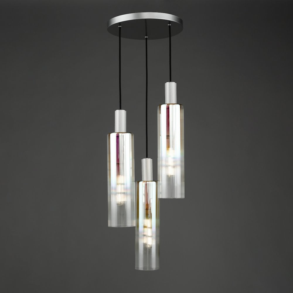 Dar RUB8832 Ruben 3 Light Cluster Pendant Satin Silver and Ribbed Iridised Glass