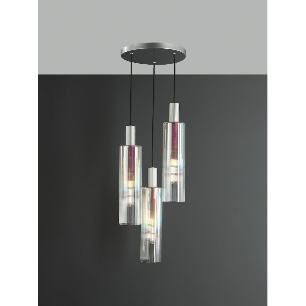 Dar RUB8832 Ruben 3 Light Cluster Pendant Satin Silver and Ribbed Iridised Glass