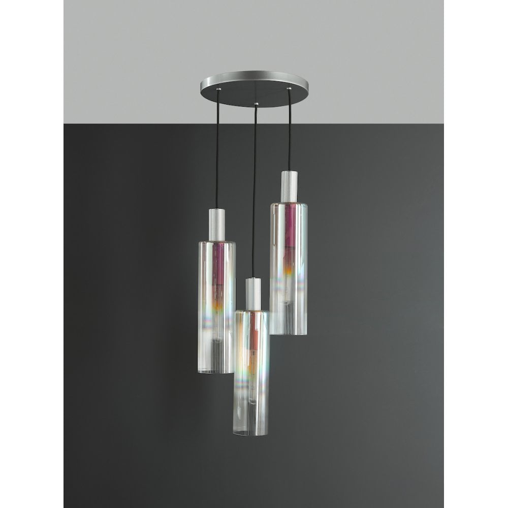 Dar RUB8832 Ruben 3 Light Cluster Pendant Satin Silver and Ribbed Iridised Glass