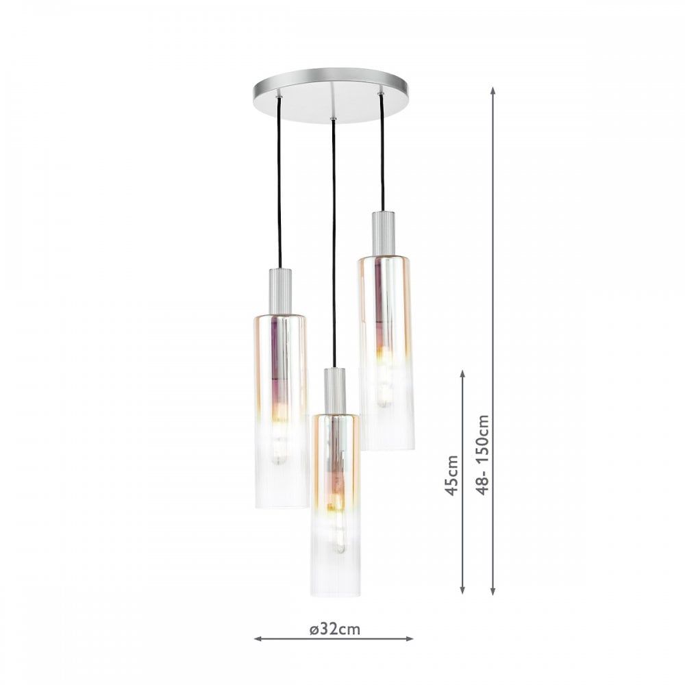 Dar RUB8832 Ruben 3 Light Cluster Pendant Satin Silver and Ribbed Iridised Glass