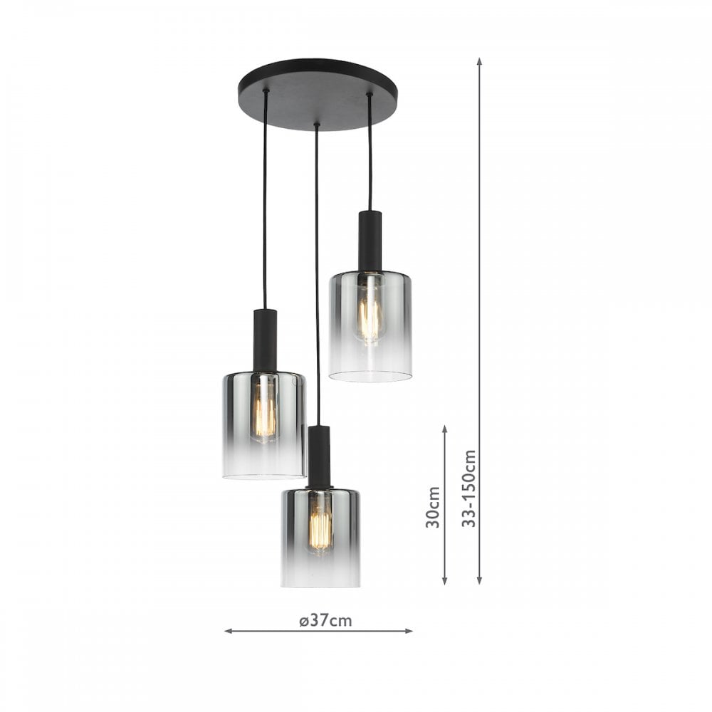 Dar SAV8822 Savannah 3 Light Cluster Pendant Matt Black and Smoked Glass