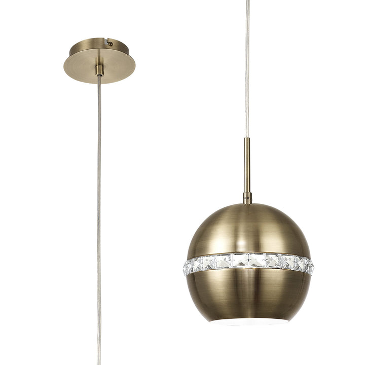 Diyas IL32840 Andrea Single Pendant 1 Light E27 Antique Brass/Crystal