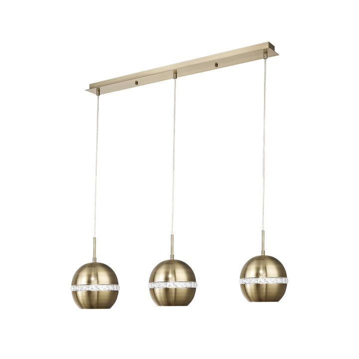 Diyas IL32841 Andrea Pendant 3 Light E27 Linear Antique Brass/Crystal