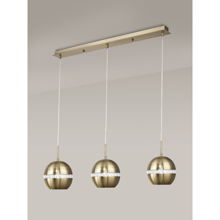 Diyas IL32841 Andrea Pendant 3 Light E27 Linear Antique Brass/Crystal