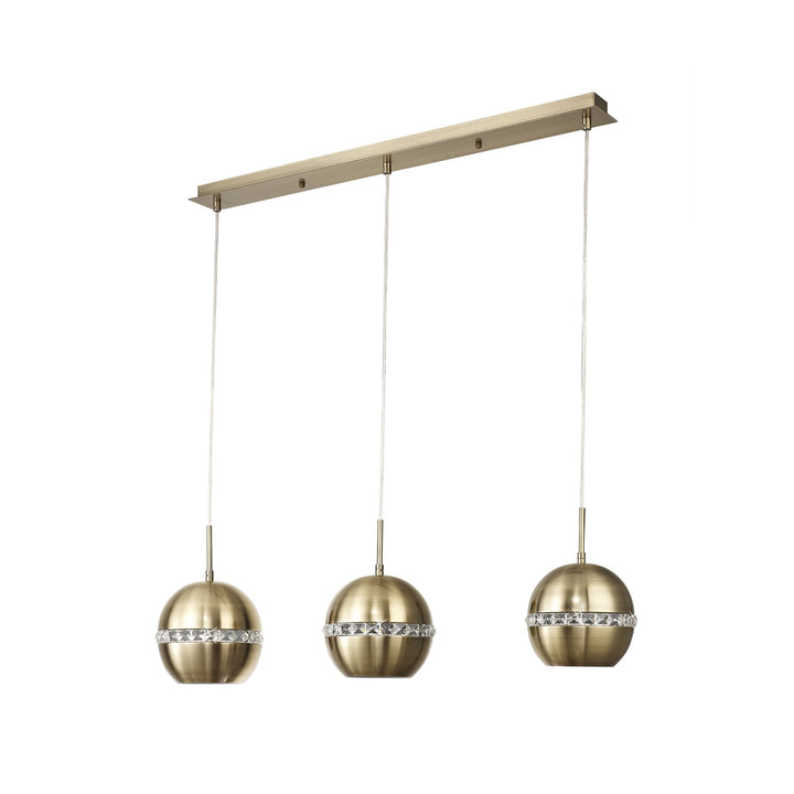 Diyas IL32841 Andrea Pendant 3 Light E27 Linear Antique Brass/Crystal