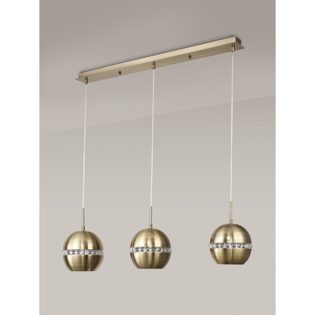 Diyas IL32841 Andrea Pendant 3 Light E27 Linear Antique Brass/Crystal