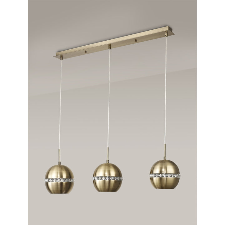 Diyas IL32841 Andrea Pendant 3 Light E27 Linear Antique Brass/Crystal