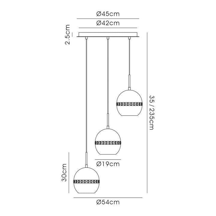 Diyas IL32842 Andrea Pendant 3 Light E27 Round Antique Brass/Crystal