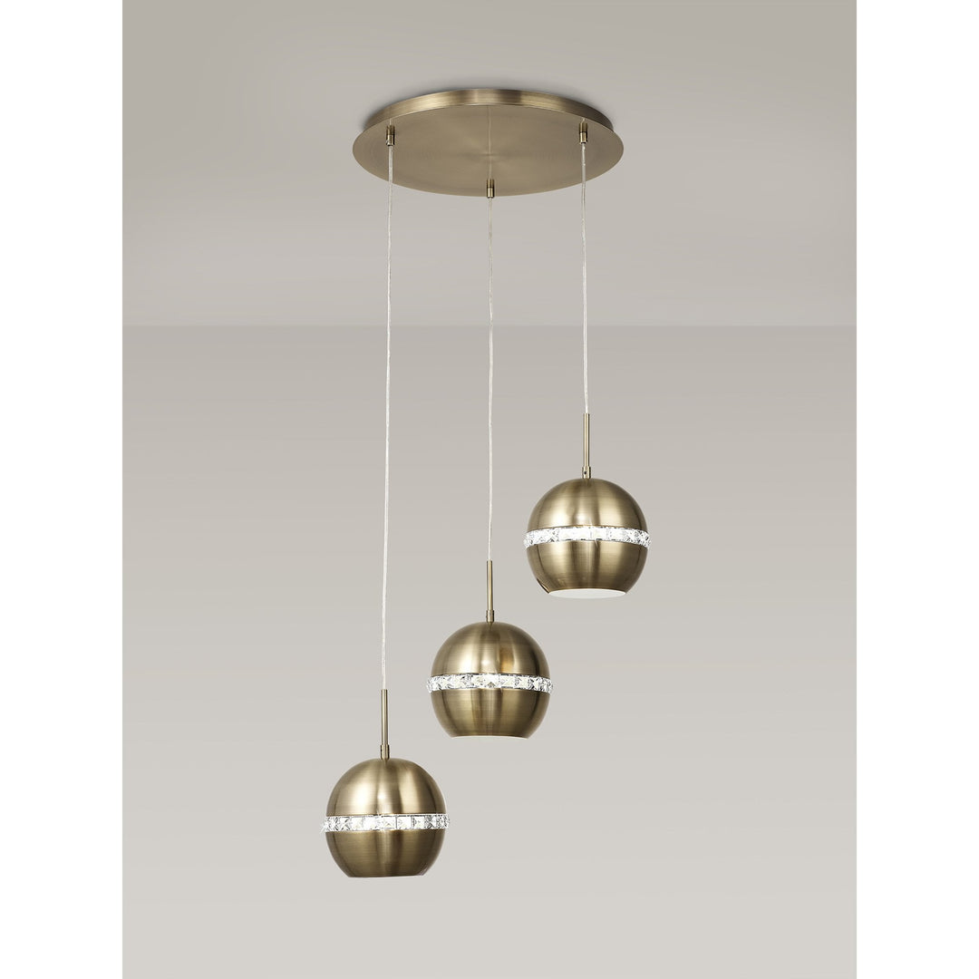 Diyas IL32842 Andrea Pendant 3 Light E27 Round Antique Brass/Crystal