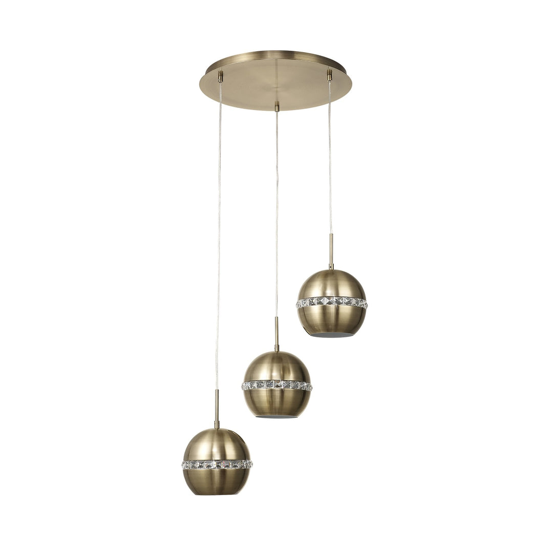 Diyas IL32842 Andrea Pendant 3 Light E27 Round Antique Brass/Crystal