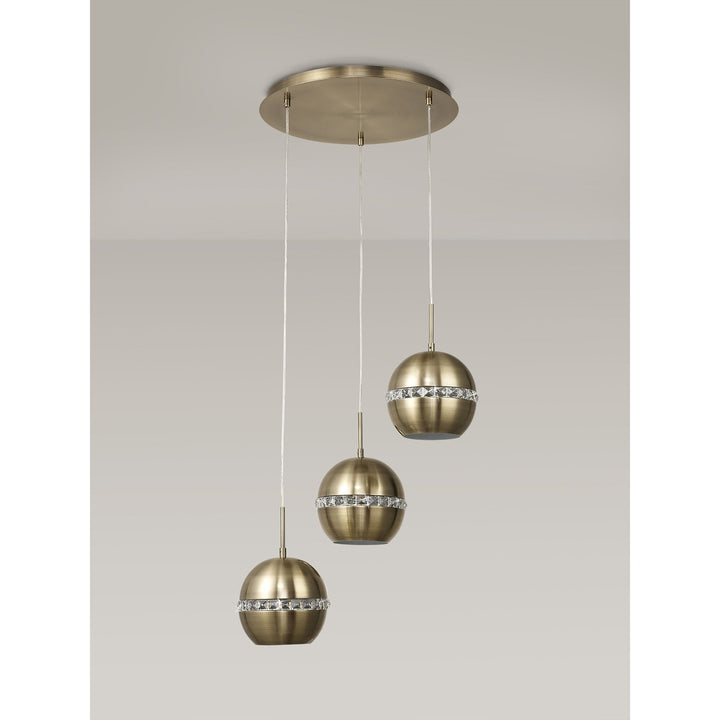 Diyas IL32842 Andrea Pendant 3 Light E27 Round Antique Brass/Crystal