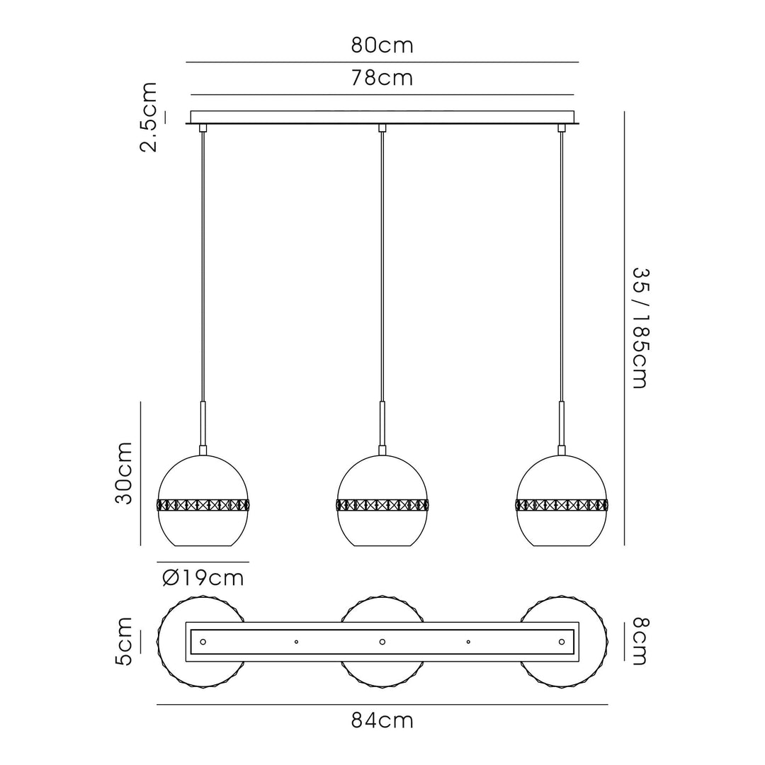 Diyas IL32844 Andrea Pendant 3 Light E27 Linear Graphite/Crystal