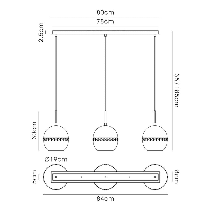 Diyas IL32844 Andrea Pendant 3 Light E27 Linear Graphite/Crystal