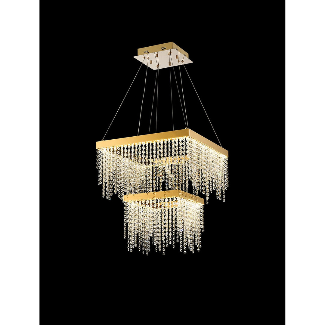 Diyas IL32874 Bano Square 2 Tier Dimmable Pendant 47W LED French Gold / Crystal Chain