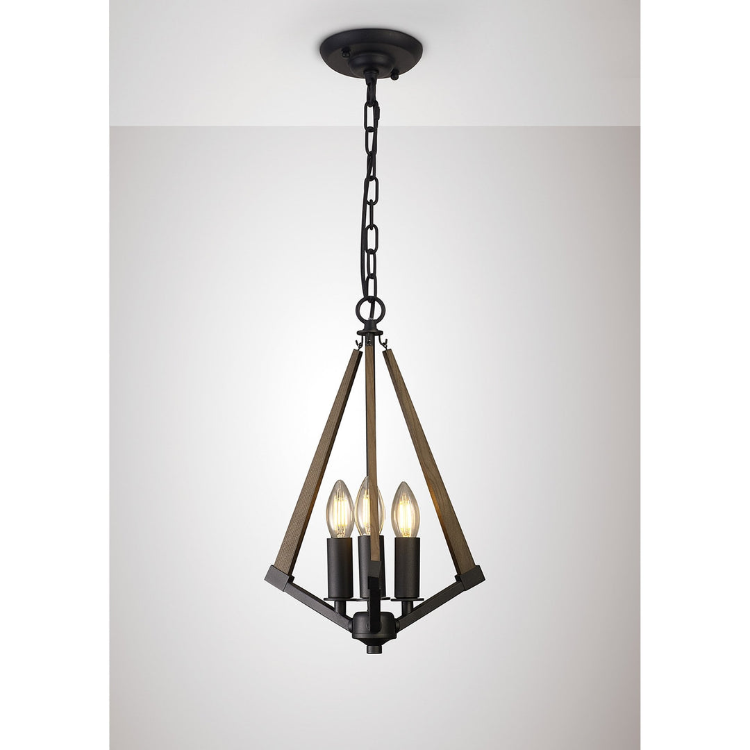 Diyas IL32681 Hilton Tetragonal Pendant 3 Light E14 Satin Black/Dark Grey Wood