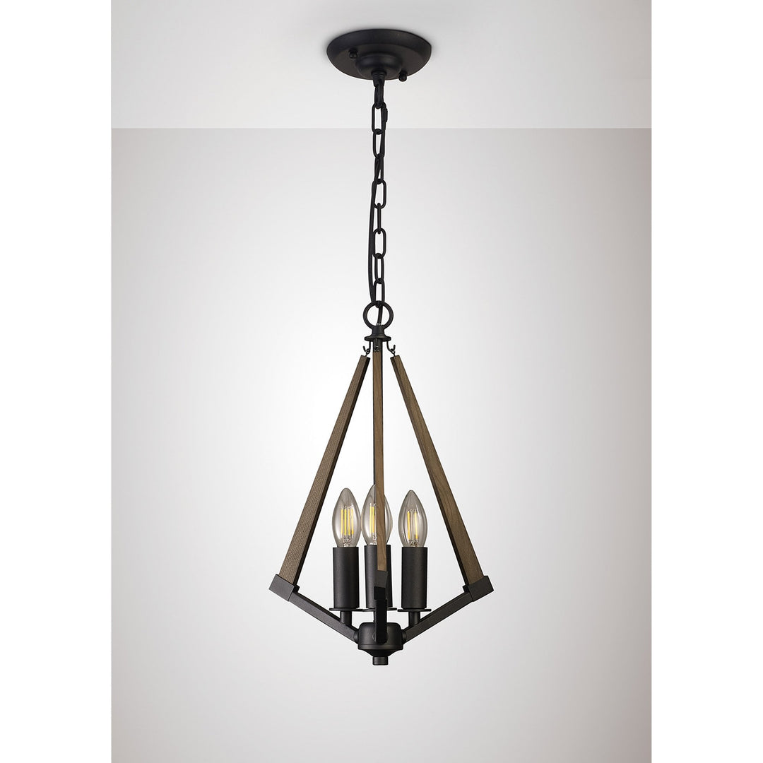 Diyas IL32681 Hilton Tetragonal Pendant 3 Light E14 Satin Black/Dark Grey Wood