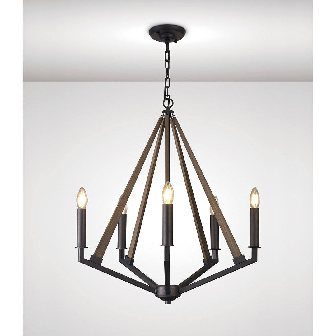 Diyas IL32682 Hilton Pentagonal Pendant 5 Light E14 Satin Black/Dark Grey Wood