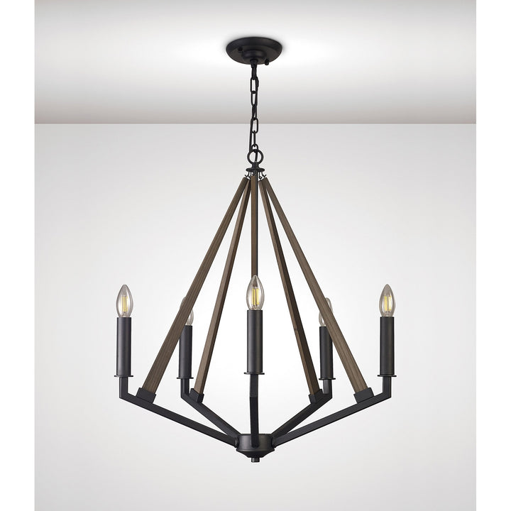 Diyas IL32682 Hilton Pentagonal Pendant 5 Light E14 Satin Black/Dark Grey Wood