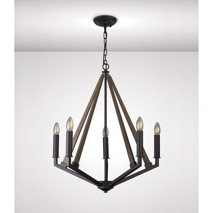 Diyas IL32682 Hilton Pentagonal Pendant 5 Light E14 Satin Black/Dark Grey Wood