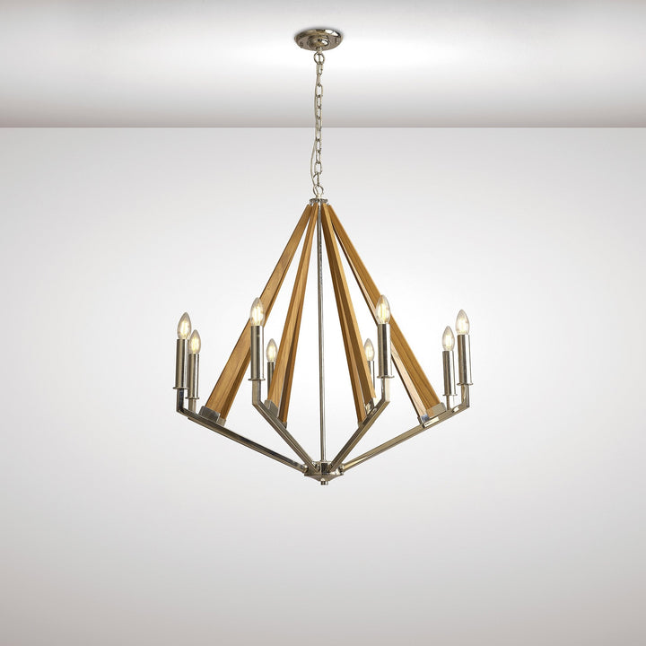 Diyas IL31684 Hilton Octagonal Pendant 8 Light E14 Polished Nickel/Taupe Wood