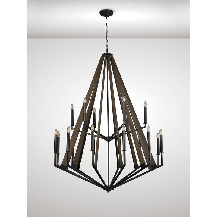 Diyas IL32685 Hilton 2 Tier Pendant 18 Light E14 Satin Black/Dark Grey Wood