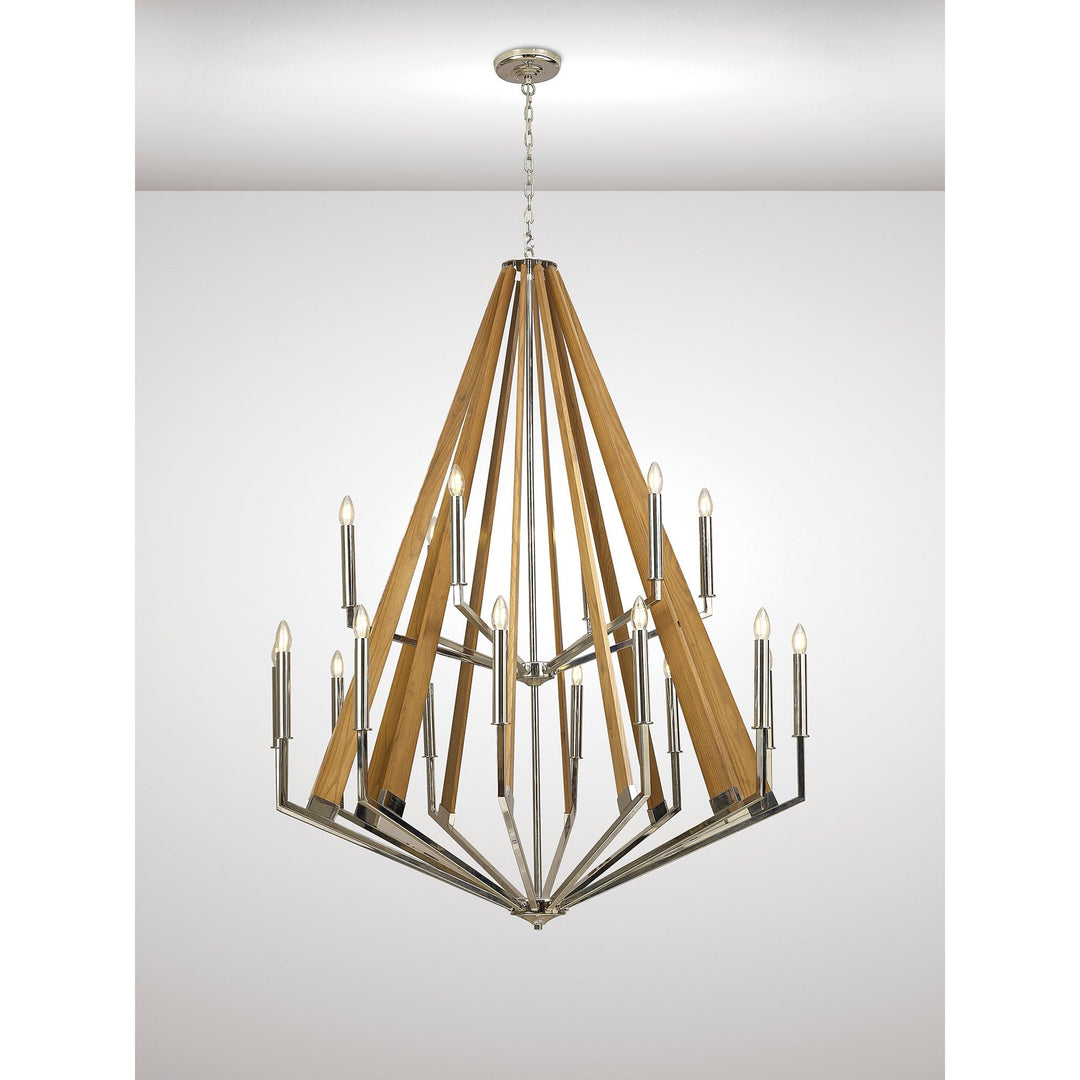 Diyas IL31685 Hilton 2 Tier Pendant 18 Light E14 Polished Nickel/Taupe Wood