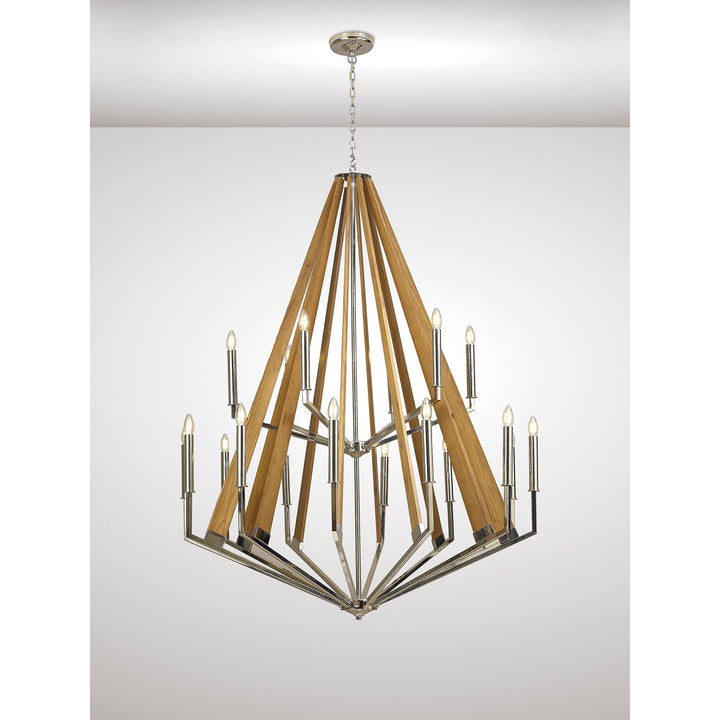 Diyas IL31685 Hilton 2 Tier Pendant 18 Light E14 Polished Nickel/Taupe Wood