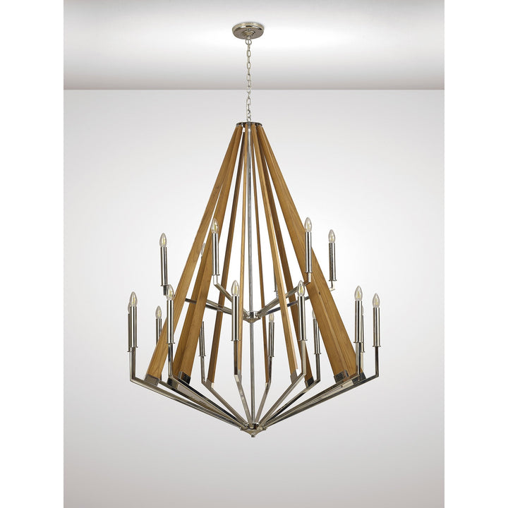 Diyas IL31685 Hilton 2 Tier Pendant 18 Light E14 Polished Nickel/Taupe Wood