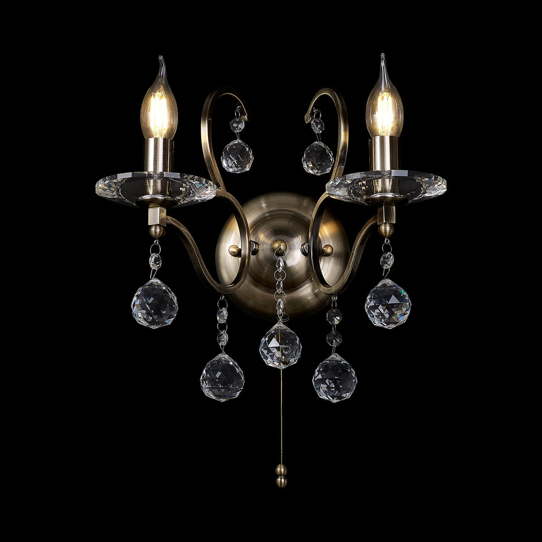 Diyas IL32122 Zinta Wall Lamp Switched 2 Light E14 Switched Antique Brass/Crystal