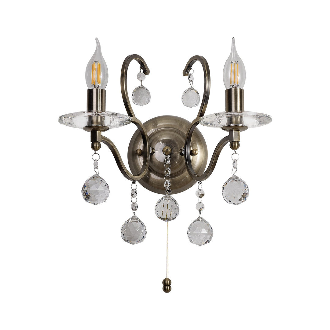 Diyas IL32122 Zinta Wall Lamp Switched 2 Light E14 Switched Antique Brass/Crystal