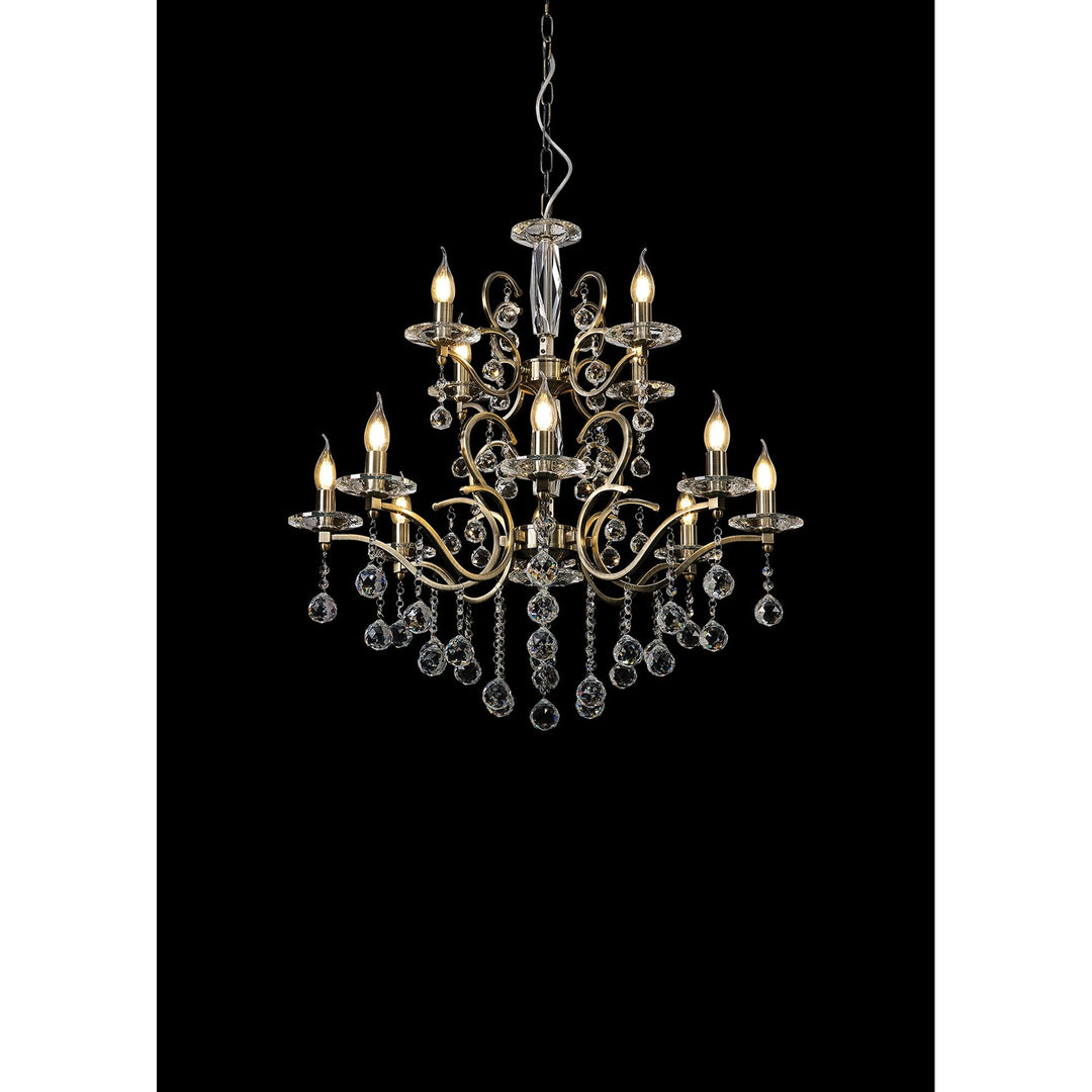 Diyas IL32128+4 Zinta Pendant 2 Tier 12 Light E14 Antique Brass/Crystal