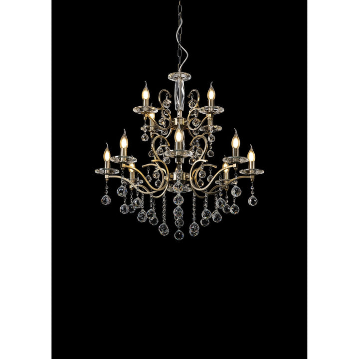 Diyas IL32128+4 Zinta Pendant 2 Tier 12 Light E14 Antique Brass/Crystal