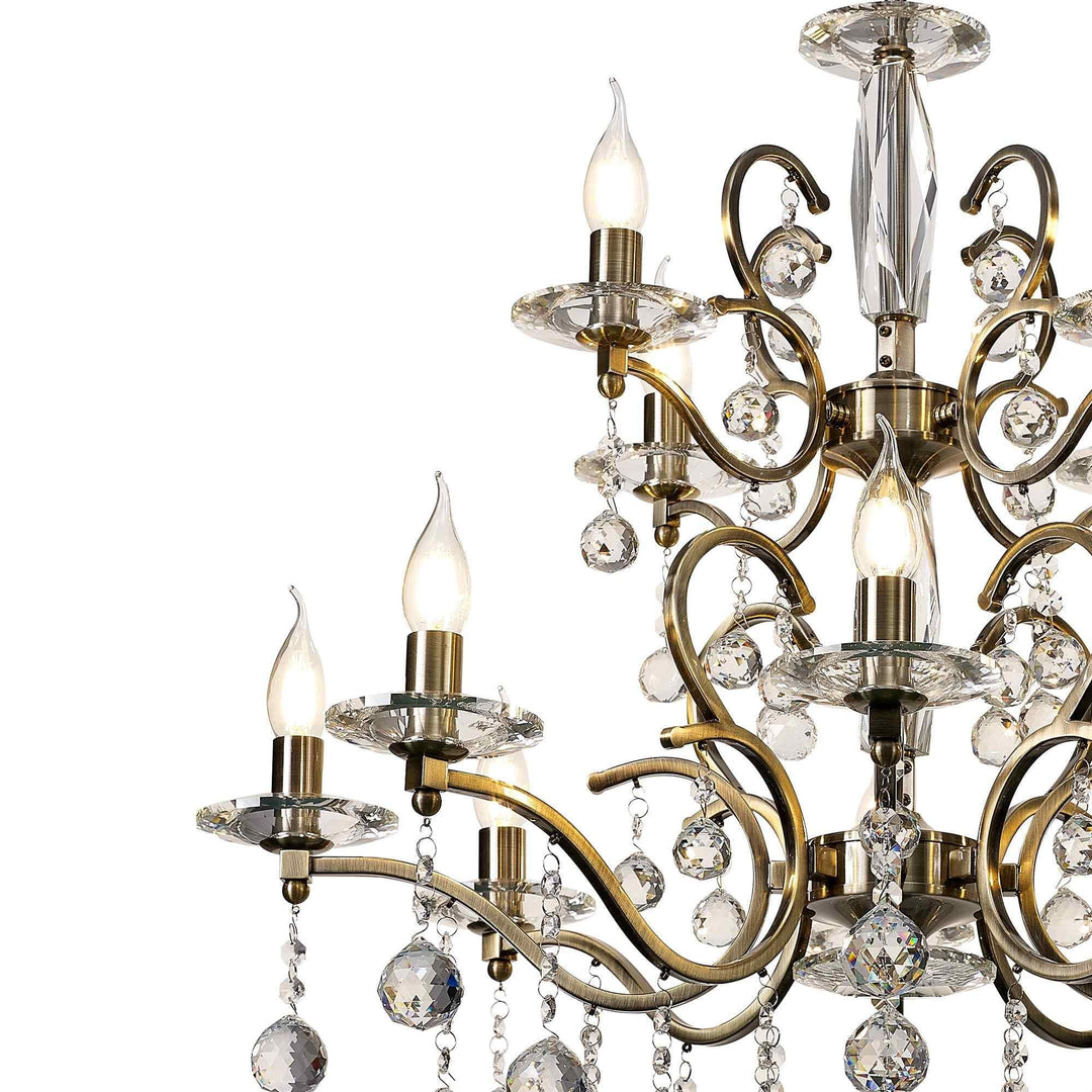 Diyas IL32128+4 Zinta Pendant 2 Tier 12 Light E14 Antique Brass/Crystal