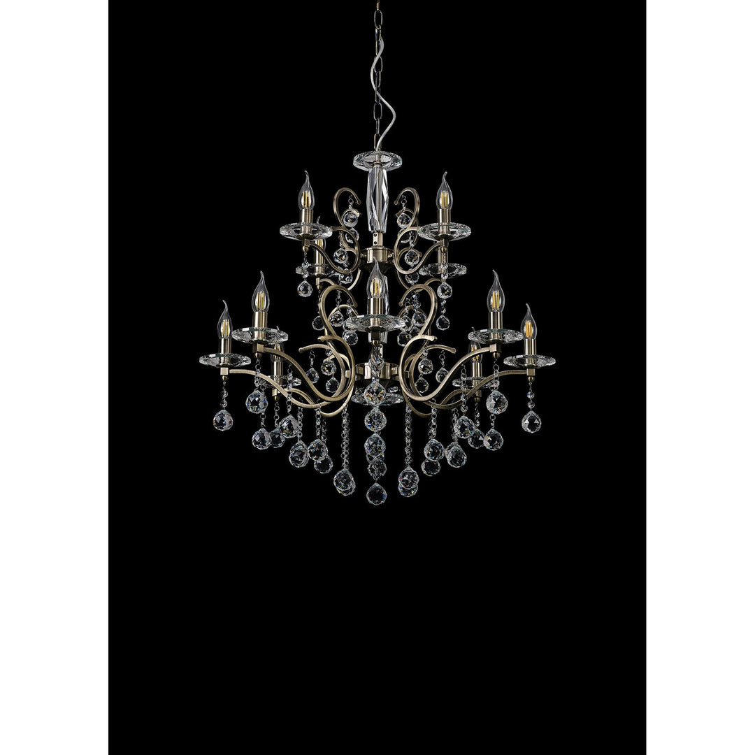 Diyas IL32128+4 Zinta Pendant 2 Tier 12 Light E14 Antique Brass/Crystal