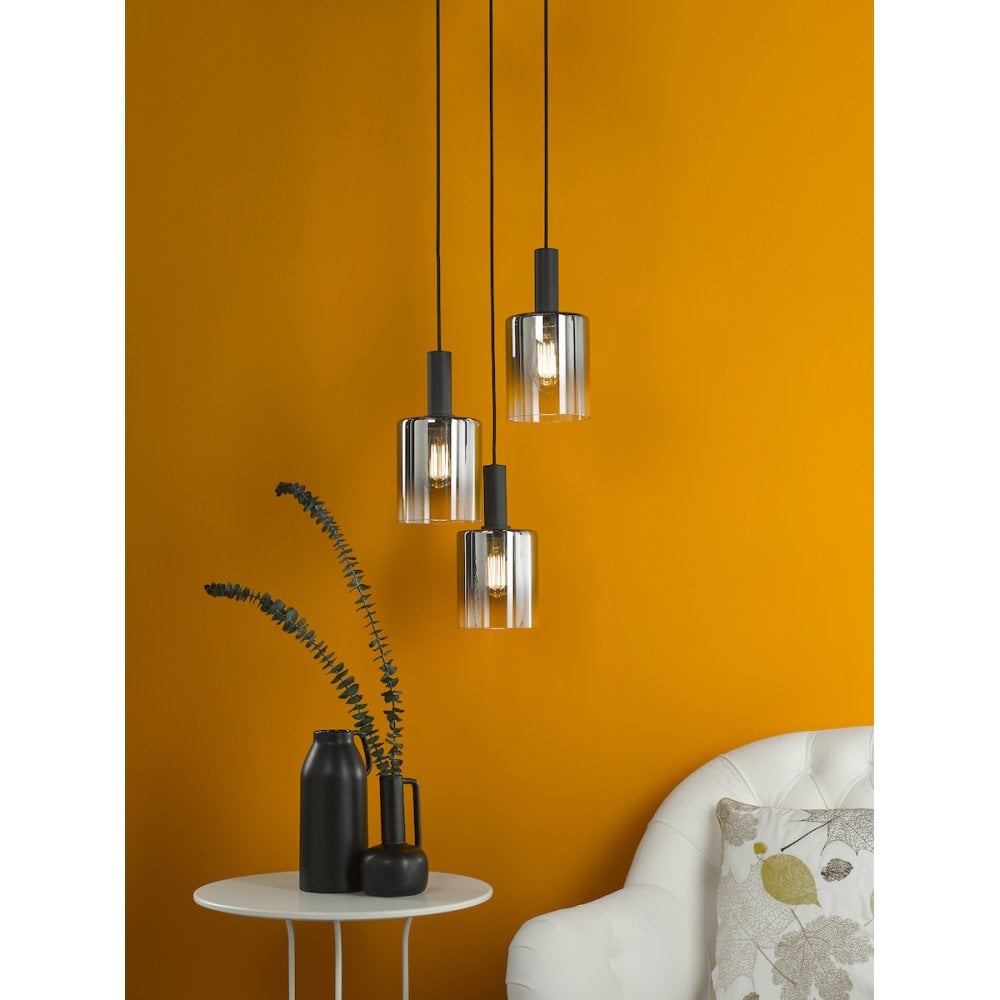 Dar SAV8822 Savannah 3 Light Cluster Pendant Matt Black and Smoked Glass (S)