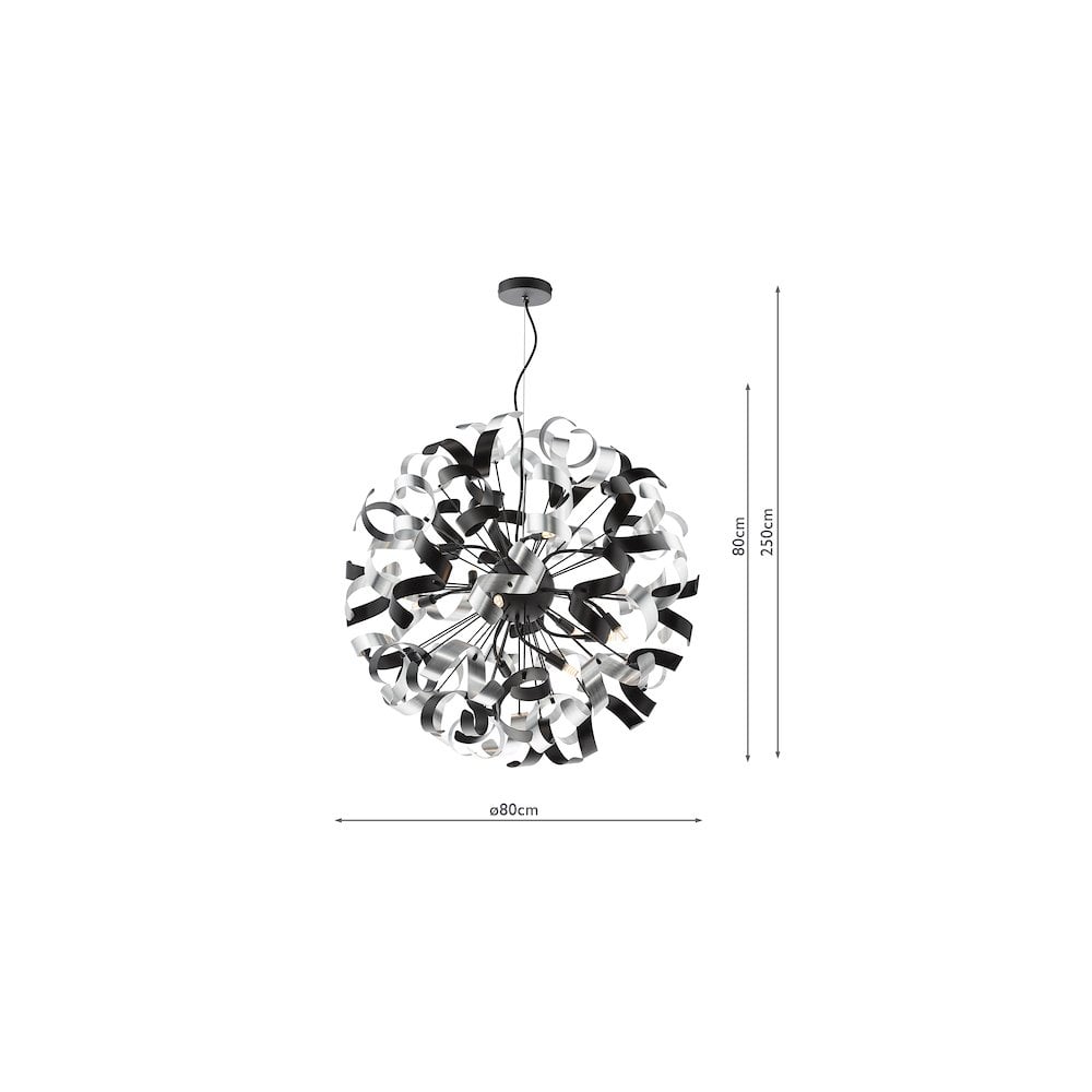 Dar SWA1222-01 Swash 12 Light Pendant Black With Black & Aluminium Ribbons