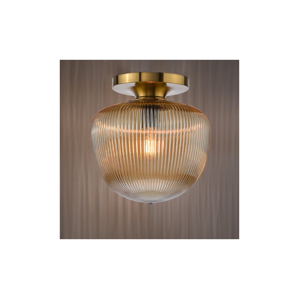 Dar ABR5206 Abrielle Flush Brushed Bronze and Amber Ribbed Glass