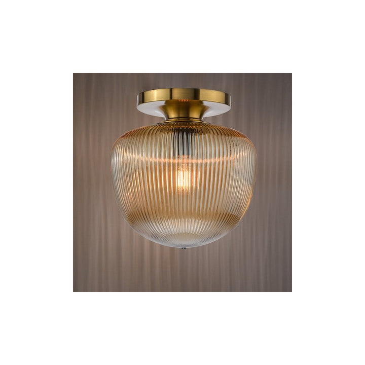 Dar ABR5206 Abrielle Flush Brushed Bronze and Amber Ribbed Glass