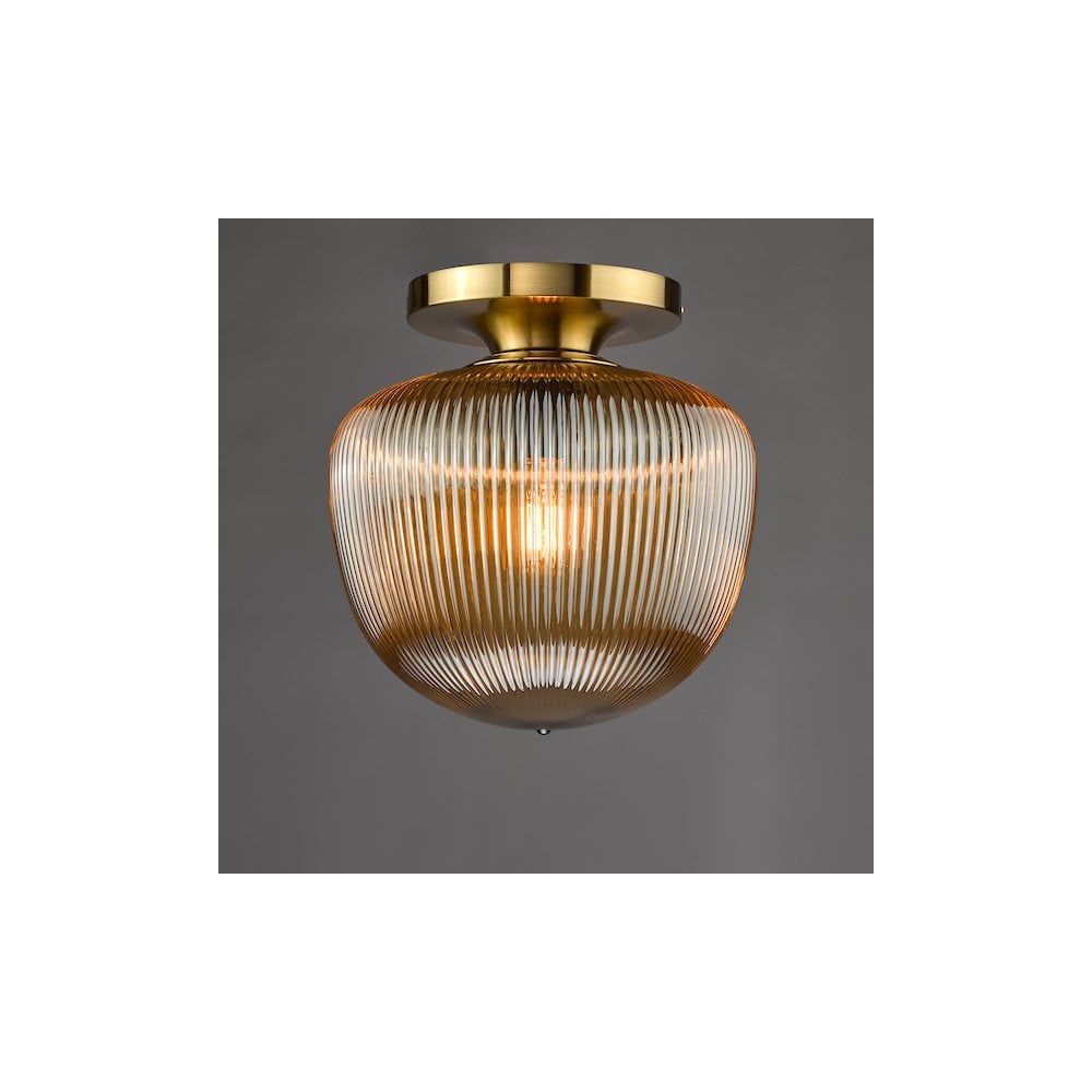 Dar ABR5206 Abrielle Flush Brushed Bronze and Amber Ribbed Glass